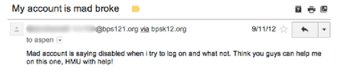 Use "Request for Assistance with Aspen" vs. "My Account is Mad Broke" for a subject line 
