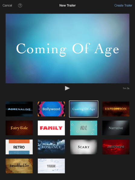 iMovie trailer options