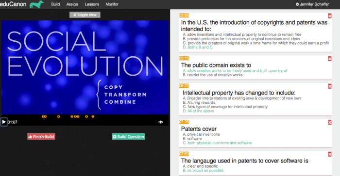 Teacher view of questions in eduCanon lesson
