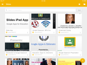 Grid view in the Slides app shows all of your presentations.