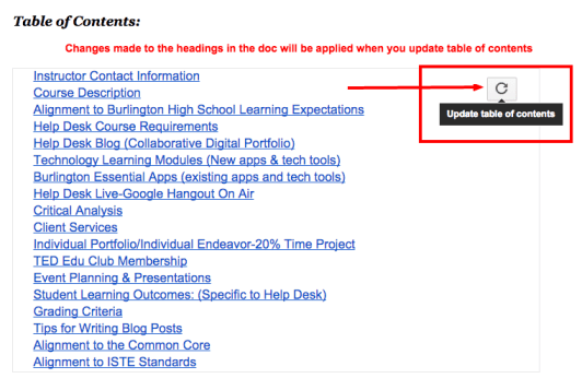 Hit the refresh button to update your table of contents